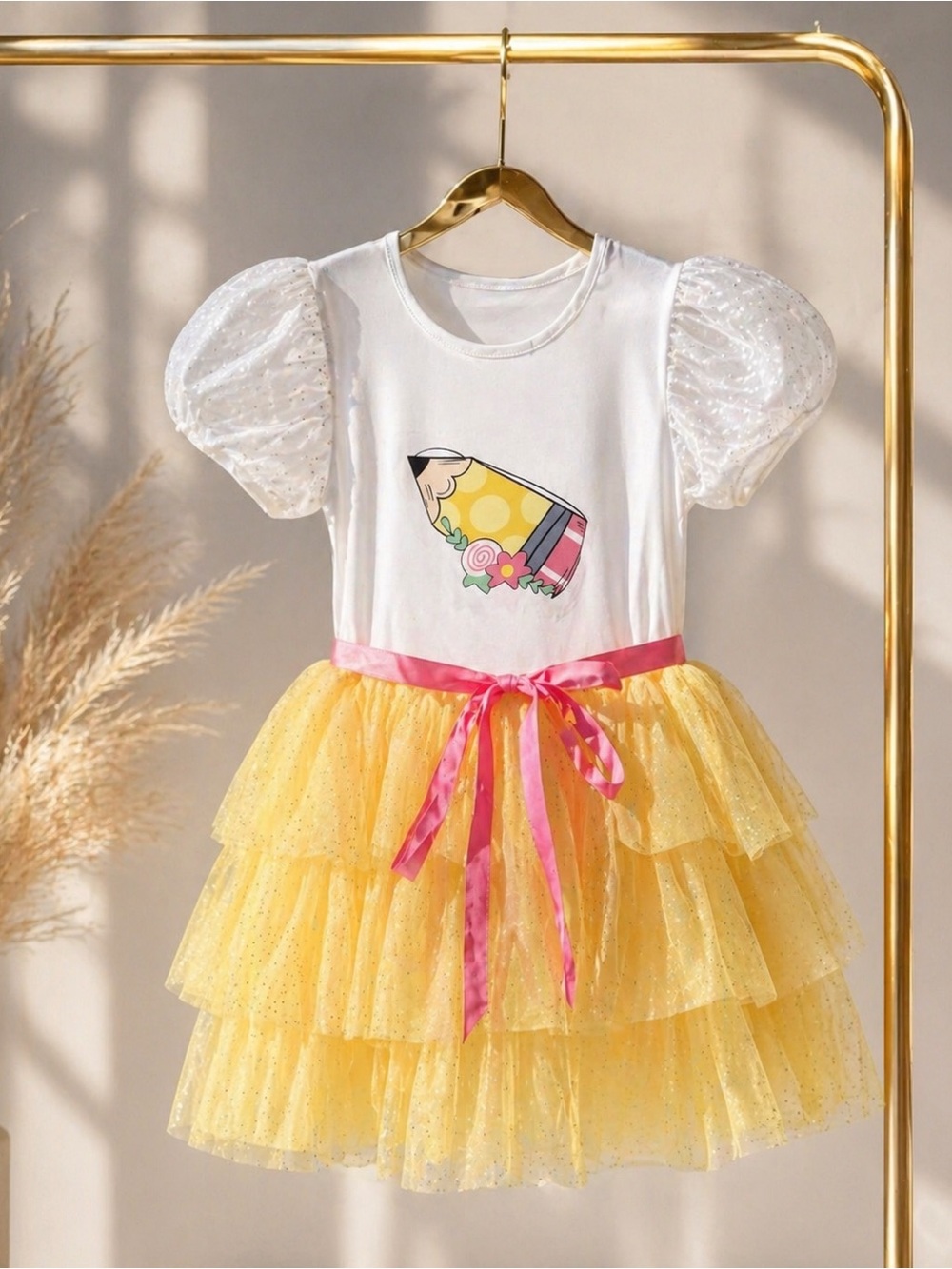 Girls Back to School Tutu Dress Pencil Print Puff Sleeve Knee Length Size 10